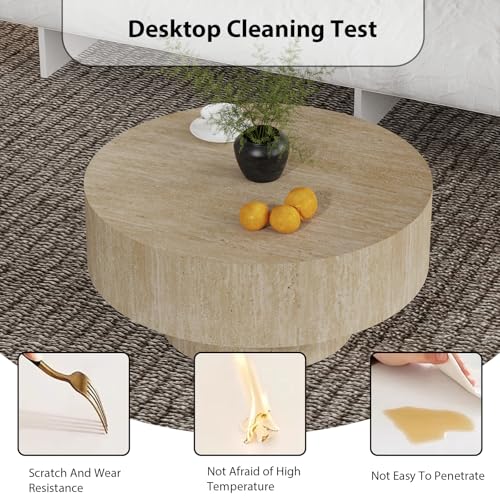 Round Drum Travertine Coffee Table with Pedestal Base | 30'' Modern Travertine Wooden Drum Center Table,Travertine Finish Drum Shape, Wooden Structure, For Living Room & Apartment - color: Travertine Round