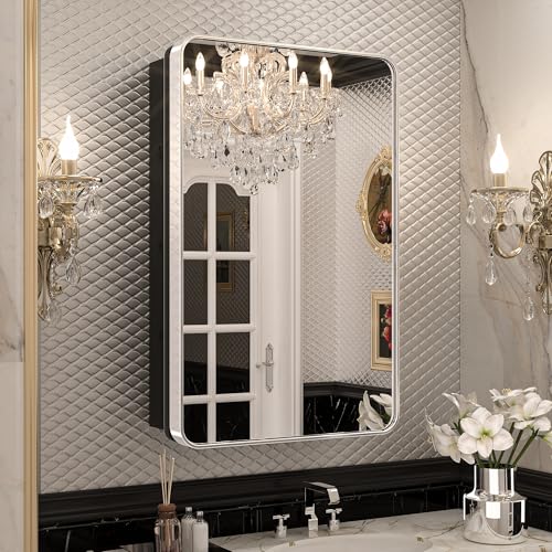 Keonjinn 20 x 32 Inch Chrome Medicine Cabinets for Bathroom with Mirror Adjustable Shelves Stainless Steel Framed Rounded Rectangle Single Door Surface Wall Mounted Silver Bathroom Storage Cabinet | Stainless Steel Framed, Adjustable Shelves, Recessed or