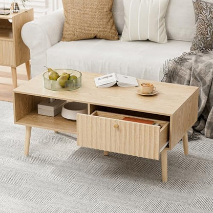 LCRBOL Coffee Table with Fluted Drawer, Modern, Oak | 39.3"W x 19.7"D x 17.1"H, 1 fluted drawer & open shelf, golden handle, 5 legs, ~45 min assembly - color: Oak(lsj011-n)