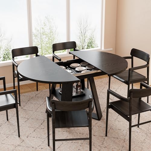 43.3"-59" Extendable Round Oval Dining Table for 4-8 with Storage Shelf | Modern Kitchen Oval Dining Table with Removable Leaves,Space Saving Extendable Table Wood Base for Kitchen Living Room - color: Black Style 3