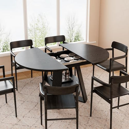 43.3"-59" Extendable Round Oval Dining Table for 4-8 with Storage Shelf | Modern Kitchen Oval Dining Table with Removable Leaves,Space Saving Extendable Table Wood Base for Kitchen Living Room - color: Black Style 3
