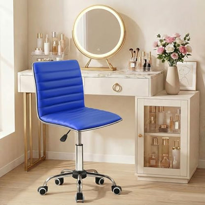 JUMMICO Armless Vanity Office Chair with Wheels, Small Cute Makeup Desk Chair Ribbed Leather Swivel Computer Task Chair (Blue) - color: Blue