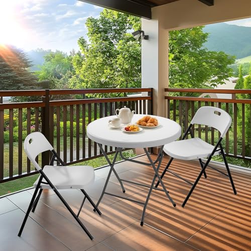Bonnlo Round Folding Table 32 inch, HDPE Plastic Small Tabletop with Steel Frame Foldable Card Table for Indoor Outdoor Outside Dining, Party and Commercial Event, White - color: White