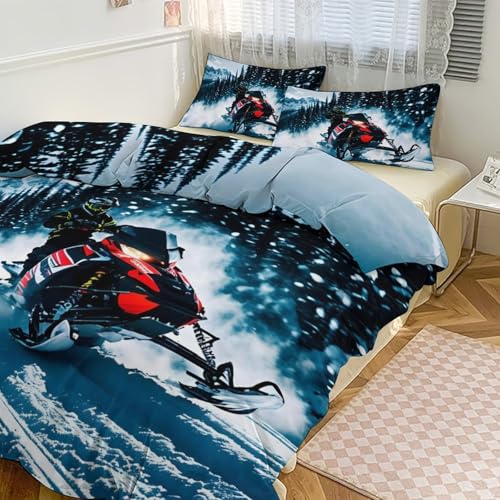 3 Piece Cool Snowmobile Bedding Set - Ultra Soft Fabric & Double-Sided Print, Breathable Comforter Set with 1 Quilt Cover & 2 Pillowcases for Home Hotel, 79"x90" - size: 79"x90"