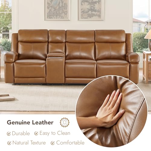 Watson & Whitely Wall Hugger Power Reclining Sofa with Console, Saddle | Genuine Leather Recliner Sofa, Power Headrests, Center Storage Console, Cup Holders, 3-Seater Couch, Living Room & RV - color: Saddle Brown, style: 3 Seater Sofa (with console)