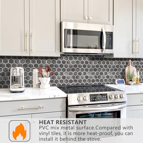STICKGOO Hexagon Peel and Stick Backsplash Tile, Stick on Backsplash for Kitchen and Bathroom, Black Slate Look PVC Mixed Metal Silver Self Adhesive Wall Tiles(10 Sheets, Seamless) - color: Black Slate with Metal Silver