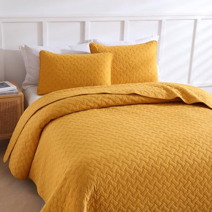 Wistown Cotton Queen Bedspread Quilt Bedding Set, Yellow | 3 Pieces Reversible Lightweight Soft Coverlets Comforters, All Seasons, Weave Stitching Pattern - color: Yellow Weave Pattern, size: Queen (90 by 98inch)