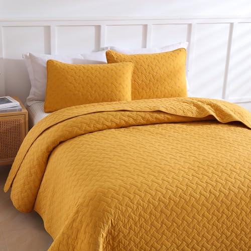 Wistown Cotton King Bedspread Quilt Bedding Sets, Yellow | 3 Pieces Reversible Lightweight Soft Coverlets Comforters, All Seasons, Weave Stitching Pattern - color: Yellow Weave Pattern, size: King (98 by108inch)