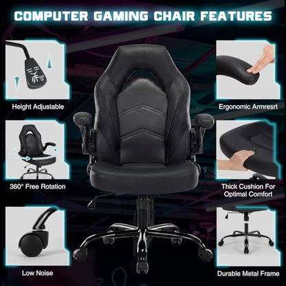 Sweetcrispy Computer Gaming Chair, Home Office Desk Chair, PU Leather | Big Tall Ergonomic, Flip-up Armrest, 360 Swivel Wheels, PU Leather Height Adjustable, Home Computer, Black - color: Black