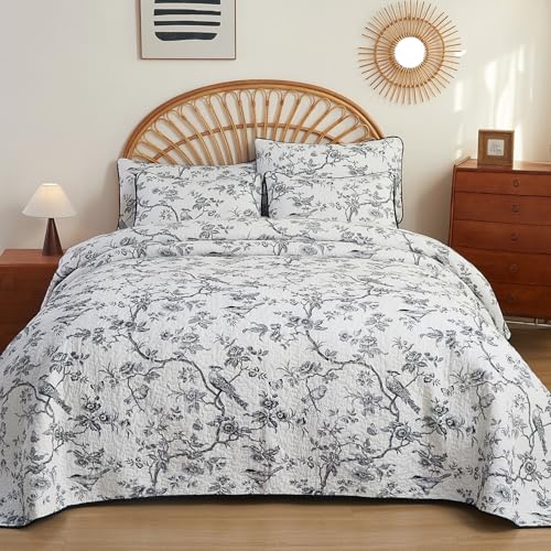 EVENHUG 100% Cotton Quilt Set Queen Size Black Bird Floral Bedding Sets with Pillow Shams Breathable Lightweight Bedspreads Coverlet for All Season 3 Piece (92"x96") - color: Black, size: Queen