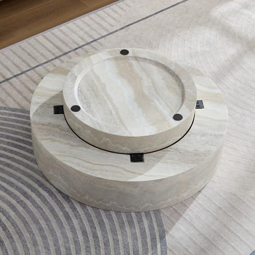 31.5" Round Concrete Coffee Table with Base (31.5"x12.8") | Faux Marble Center Table Concrete Coffee Table Travertine Accent Table Stone Coffee Table Living Room Furnitures - color: Mars,ø31.5" X 12.8",pedestal