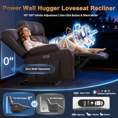 Home Theater Seating, 3 Seat Power Loveseat Recliner Sofa with Heat Massage | Wall Hugger Reclining Loveseat with USB, RV Couch with LED Lights, Flip Backrest, Cup Holders for Movie Theater, Gaming Room - color: Brown, size: 78" - 3 Seats