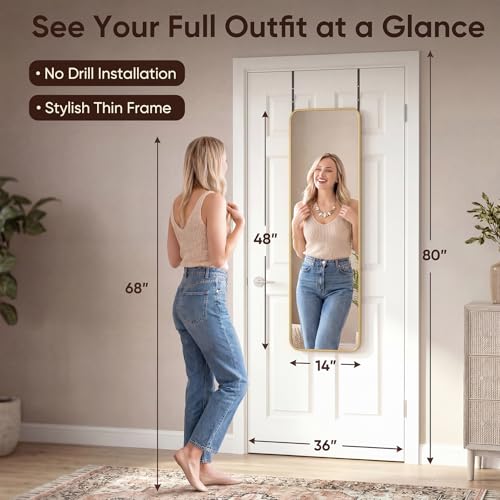Antok 48"x14" Over the Door Mirror, Full Length Mirror Door Hanging with Aluminum Metal Frame, Rectangle Wall Mounted Body Mirrors for Bedroom, Dressing & Makeup Mirrors for Daily Outfit Check, Gold - color: Gold, size: 48"L x 14"W