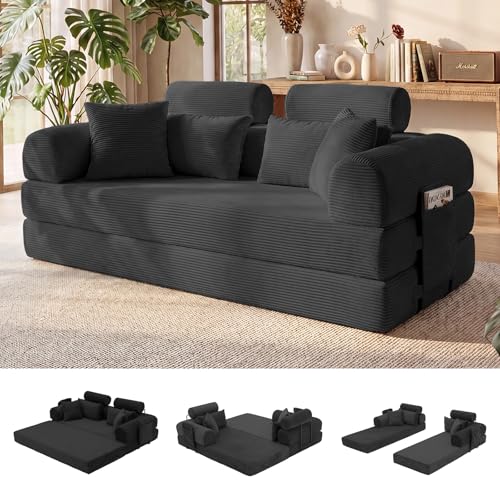 79" Convertible Futon Sofa Bed,High Back Boneless Couch for Living Room | 5-in-1 Corduroy Boneless Loveseat Sleeper, Futon Couch with Ergonomic Support & Side Storage Pocket, No Assembly,Black - color: Black, size: 79" High Backrest Sofa