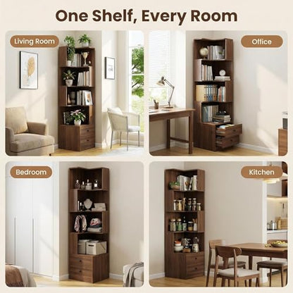 4 Tier Corner Bookshelf with Drawers, L Shaped Freestanding Corner Bookcase with LED Lights and Baffle, Space Saving Display Shelf for Living Room, Bedroom, Home Office, Kitchen(Walnut) - style: Walnut-with drawers