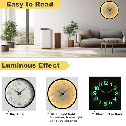 12 Inches Night Light Wall Clocks - with Silent Non-Ticking Glowing Function - Big Solid Numbers Easy to Read Both Day and Night - color: White/Black
