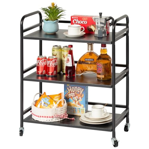 HDANI 3 Tier Metal Utility Multipurpose Rolling Cart,Large Capacity Heavy Duty Cart with Lockable Wheels Rolling Cart with 2 Lockable Wheels for Home,Office,Kitchen,Bathroom,Bedroom(Black) - color: Black, size: Large Solid