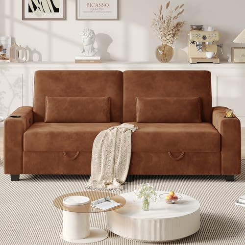 COPIAE Loveseat Sofa, Larger Couch Velvet Fabric with Storage, Charging Ports, Heightened Backrests, Removable Cover Modern Comfy Couches Easy Assembly for Living Room, 88 Inch Brown - color: Brown