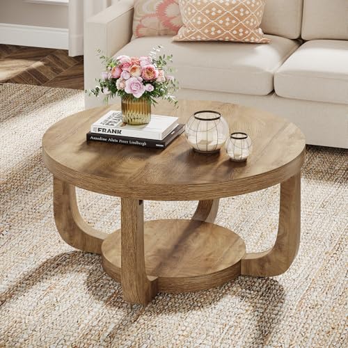 Tribesigns Round Coffee Table, 2-Tier Circle Coffee Table with Storage, Modern Wooden Accent Center Table for Living Room, Thick Tabletop & Base (Rustic Oak) - color: Rustic Oak