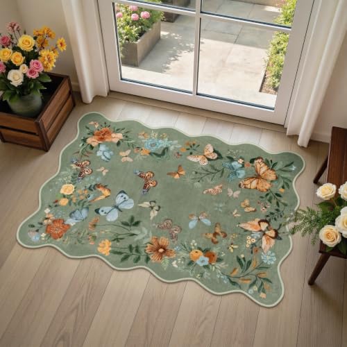 Scalloped Butterfly 2x3 Entryway Rug, Washable Non-Slip Green Floral Indoor Door Mat Ultra Thin Soft Small Kitchen Rug, Modern Boho Botanical Throw Rug for Bathroom Entrance Bedroom - color: Retro Green Butterfly, size: 2' x 3'
