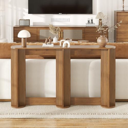55 Inch Small Narrow Console Table Behind Couch, Mid-Century Modern Fluted Skinny Entryway Table, Slim Sofa Table for Hallway, Living Room, Wood, Brown, Walnut - color: Walnut-55 Inch