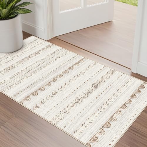 Nakagishi Boho 2x4 Washable Area Rug Non Slip Carpet for Entryway Beige | Pet & Kid Friendly, Machine Washable, Low Pile Carpet for Kitchen Hallway Daily Home Decor,Farmhouse Neutral Moroccan - color: Beige Brown, size: 2' X 4' (Rectangular)