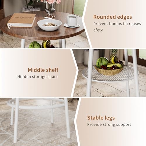 3-Piece Round Bar Table Set with Backrest & Partition, Counter Height Small Dining Table for 2, Includes 2 Foldable Stools, Sturdy MDF & Steel Frame for Kitchen/Dining Room (Brown+White) - color: Brown+white