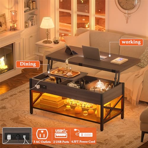 Aheaplus Coffee Table Lift Top Multi-Function Coffee Table Converts to Dining Table, with LED Light and Power Outlet, Center Table with Shelves for Living Room Reception Home Office,-S2, Espresso - color: Espresso