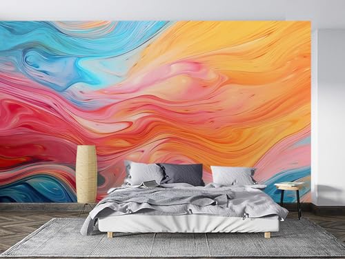 Orange Red Blue Abstract Fluid Wave Art Wall Mural Peel and Stick Art Wallpaper Self Adhesive Removable Mural Large Foil Wall Decor Print Picture - color: Ma-002, size: 149"x212"