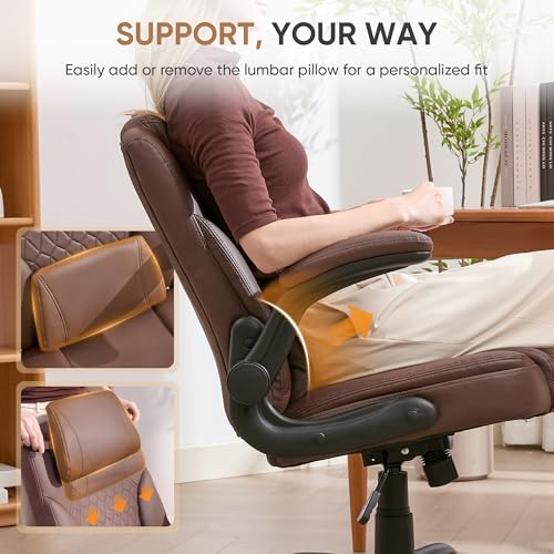 Home Office Chair with Lumbar Support, 5" Thickened Seat, Small PU Leather Rocking Desk Chair, Comfy Computer Chairs with Rolling Wheels & Adjustable Armrests for Adults, Brown - color: Brown