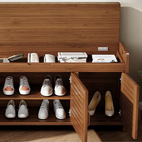 Wilk Shoe Bench with Storage, 2-Tier Shoe Cabinet with Padded Seat Cushion and 3 Darn Doors (38.2’’ (L) x 14.4’’ (W) x 19.7’’ (H)) - size: 38.5" (L) x 14.4" (W) x 19.7" (H)
