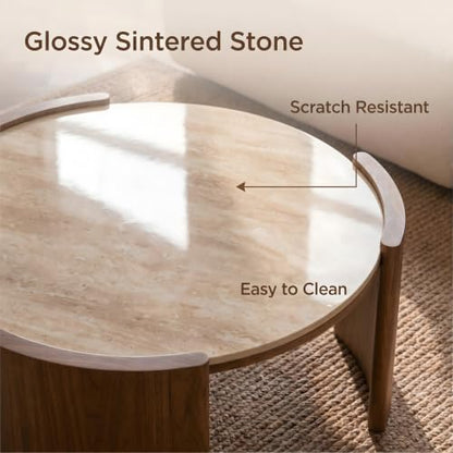 KEIKI 31.5" Round Sintered Stone Coffee Table, Glossy Travertine Look Center Table with Thick Slab Legs, Modern Circular Cocktail Table for Living Room, Apartment, Walnut Yellow - color: Walnut Yellow
