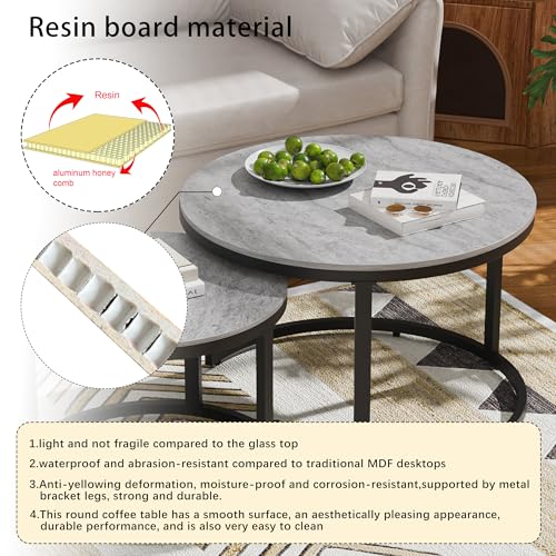 Nesting Coffee Table Set of 2, Round Stacking Coffee Tables with Nesting Coffee Table Set of 2, Round Stacking Coffee Tables with Resin Top & Metal Frame - color: Media Size + Black Frame