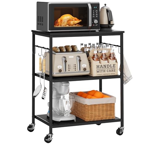 Homleke 3-Tier Rolling Kitchen Microwave Cart, Utility Cart | with Lockable Wheels Coffee Bar Table Station with 6 Hooks, Small Appliance Storage Shelf, Black - color: Black