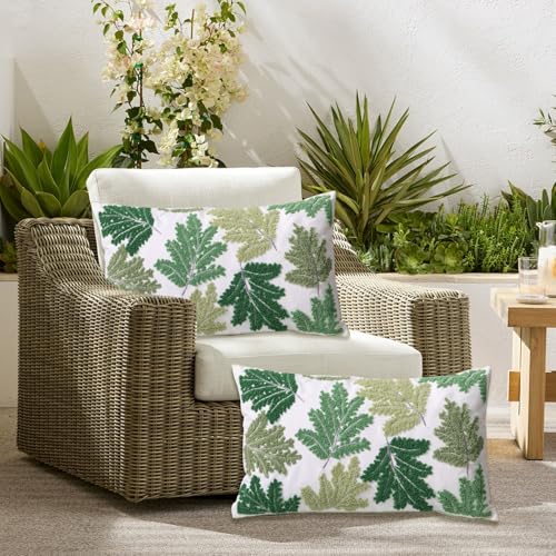 Set of 2 Embroidered Decorative Throw Pillow Covers Couch Square Pillowcases Cushion for Bedroom Sofa Farmhouse Decor 18x18 Inch (Green Maple Leaf-Lumbar) - color: Green Maple Leaf-lumbar