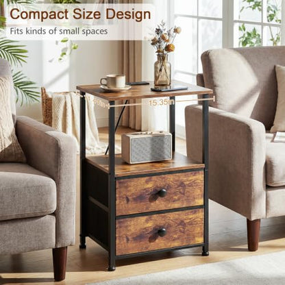 Nightstands Set of 2, Night Stand with Charging Station | Bedside Table with 2 Fabric Drawers for Bedroom, End Tables with Storage Shelf for Small Spaces, Rustic Brown - color: Rustic Brown, style: Power
