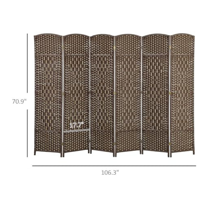 HOMCOM 6 Panel Room Divider 6 Ft Privacy Screen Hand-Woven Brown | Folding PP Wall Partition, Pine Wood Frame, Freestanding Room Separator, Bedroom Home Office, No Assembly - color: Brown, size: 6 Panel