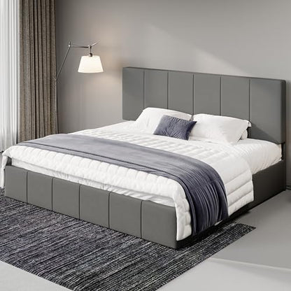 Allewie King Size Dutch Velvet Upholstered Platform Bed Frame/Vertical Channel Tufted Adjustable Headboard/Low Profile Bed Frame/No Box Spring Needed/Easy Assembly/Grey - color: Grey, size: King
