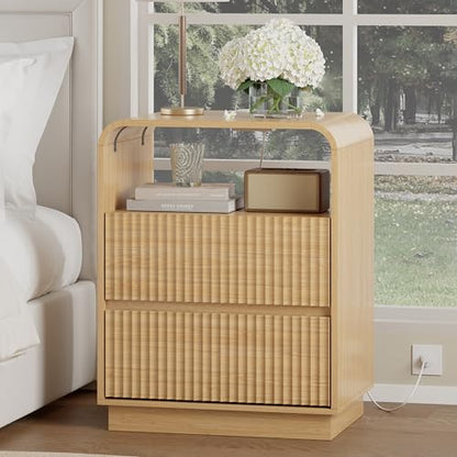 Natural Oak Nightstands Set of 2 with Charging Station, Mid Century Modern End Tables & Bedside Tables, Fluted Wood Small Night Stands with 2 Hidden Drawers and Storage Shelf for Bedroom - color: Natural Oak, style: 2 Drawers-2 PCS
