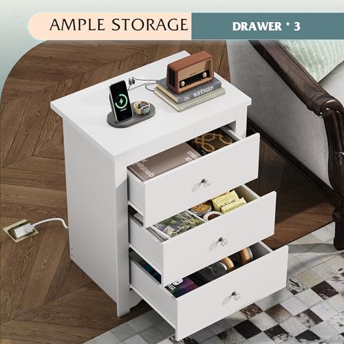 WLIVE Tall Nightstand with Charging Station, Wood Bedside Table, White | 3 Drawers Storage, Power Outlets(2AC+2USB), Easy Assembly, Premium Eco-friendly Wood, White Night Stand for Bedroom - color: White