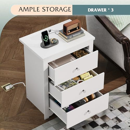 WLIVE Tall Nightstand with Charging Station, Wood Bedside Table, White | 3 Drawers Storage, Power Outlets(2AC+2USB), Easy Assembly, Premium Eco-friendly Wood, White Night Stand for Bedroom - color: White