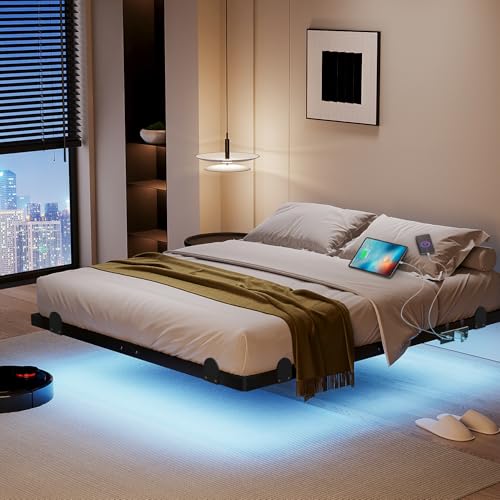 qimamo Floating Queen Bed Frame, 14 Inch Metal Platform Bed with Smart LED Lights & Charging Station, Easy Assembly, No Box Spring Needed - size: Queen (U.S. Standard), style: Floating Look 14"