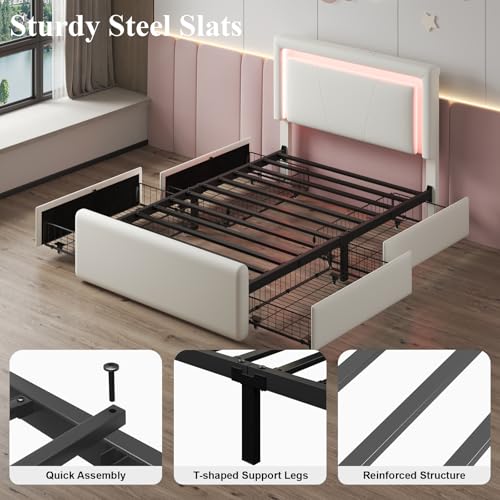 Twin Size Bed Frame with 4 Storage Drawers, Upholstered Headboard, White | Modern Bed, Charging Station, LED Light, Adjustable Height Headboard, Noise-Free, No Box Spring Needed, Easy Assembly - color: White, size: Twin
