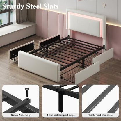 Twin Size Bed Frame with 4 Storage Drawers, Upholstered Headboard, White | Modern Bed, Charging Station, LED Light, Adjustable Height Headboard, Noise-Free, No Box Spring Needed, Easy Assembly - color: White, size: Twin