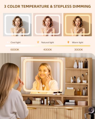 LIVELYGLOW 35.4" Wooden Makeup Vanity Set with Charging Station & Stool | Smart LED Mirror, Fluted Design, Cushioned Stool, Hairdryer Rack - color: Wooden