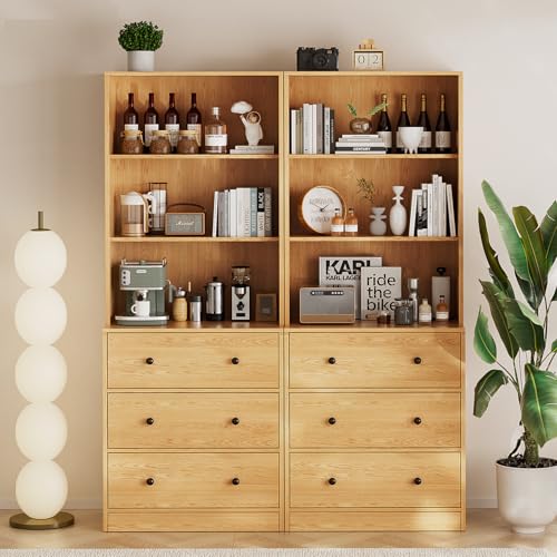 TUSY 71" Large TV Stand Set - TV Entertainment Center for TVs up to 65", Media Center with Tempered Glass Doors and Drawer, TV Hutch with Bookshelves for Living Room (Wood, BEEB) - color: Wood