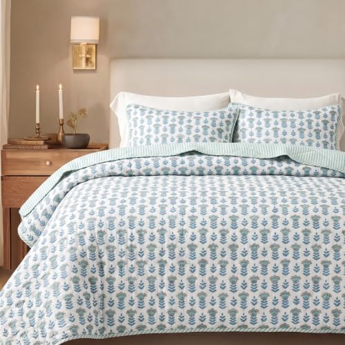 Block Print Reversible Cozy Quilt Aquamarine Blue Queen 90" x 96" Lightweight Blanket for Sofa, Couch, Bed Soft Breathable Comforter Handmade Bedspread Duvet for Farmhouse, Home, Winter - color: Aquamarine Blue, size: Queen 90" x 96"