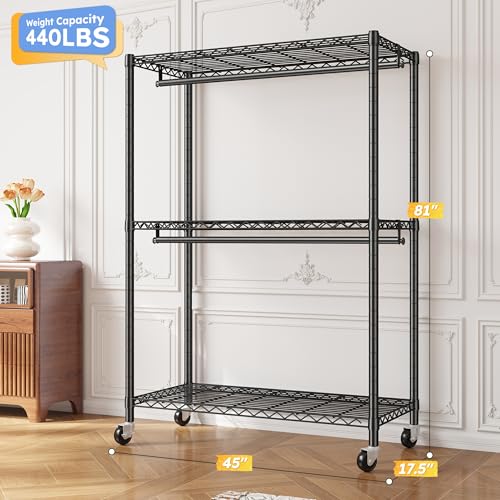 Raybee Clothes Rack, 45" W Clothing Racks for Hanging Clothes, Garment Rack with Wheels and Adjustable Feets, Max Load 440LBS, Black - color: Black