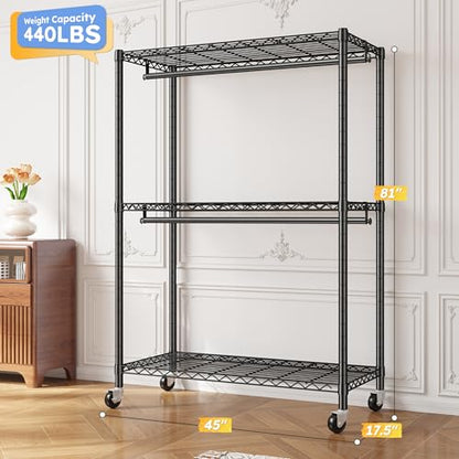 Raybee Clothes Rack, 45" W Clothing Racks for Hanging Clothes, Garment Rack with Wheels and Adjustable Feets, Max Load 440LBS, Black - color: Black