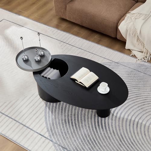 47.24" Modern Coffee Table with Storage Space, Round Low End Table, Rustic Style Bedside Table for Bedroom Living Room - color: Oval+tray-black